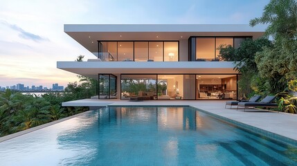 luxurious modern villa with infinity pool on rooftop terrace panoramic views of miami skyline at sunset sleek architecture blending indoor and outdoor living