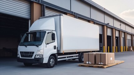 Modern Delivery Truck is ready for cargo and goods to be loaded near a big warehouse of reatailer. Generative AI