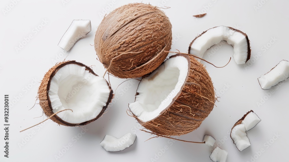 Poster flat lay of whole and opened coconuts lying on a white background showing the inside texture