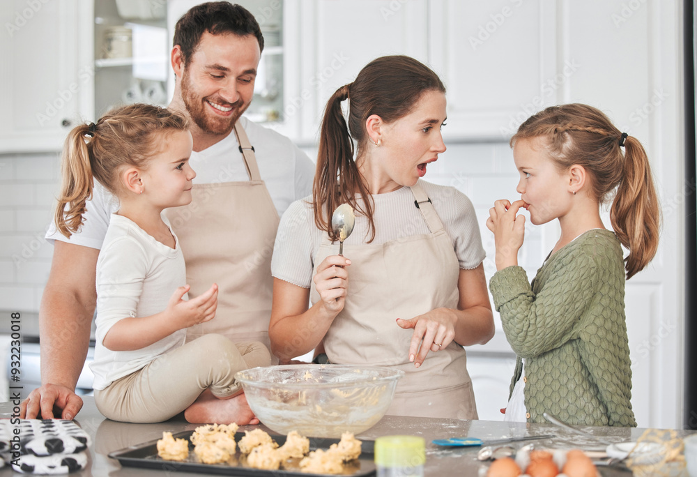 Canvas Prints Family, fun and recipe in house for baking, teaching and bonding together with eggs, flour and bowl. Parents, kids and ingredients as people in kitchen for cooking, learning and child development