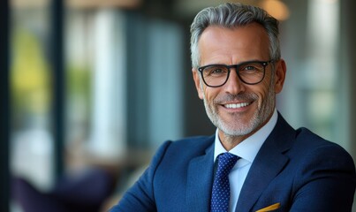 Fototapeta premium Confident Charismatic Businessman in Stylish Suit, Exuding Leadership and Charm in Modern Office Setting