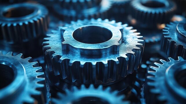 macro shot of interlocking gears vibrant blue metallic finish dynamic lighting industrial aesthetic abstract mechanical composition