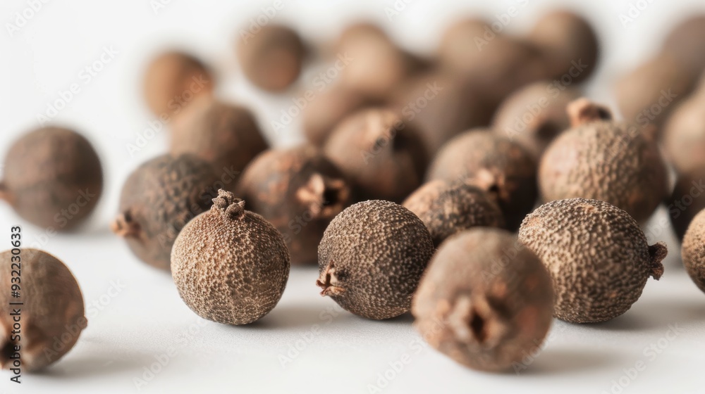 Poster allspice berries arranged on a white surface with a shallow focus and more berries blurred in the ba