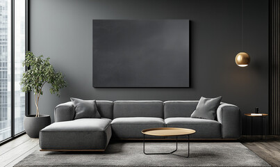 A black couch with a white cushion sits in front of a large black framed picture