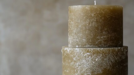   A focused image of a candle on a table, with a wall as the background and a lamp illuminating its center