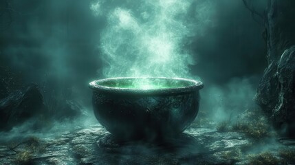 magical cauldron emitting eerie green glow wisps of fog curling around base mysterious forest backdrop moonlit scene