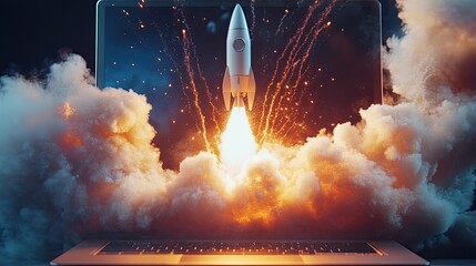 Computer and rocket flying from the display startup concept