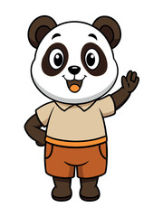 a cute panda wearing brown shorts waving like saying hi