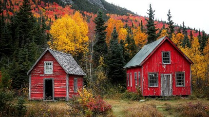   A few red buildings are situated next to a dense forest featuring trees with yellow and red foliage