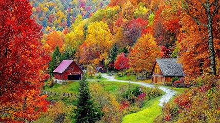   A stunning image of a rural landscape featuring a winding country road surrounded by lush forests and vibrant autumn foliage, with a quaint cabin in the background