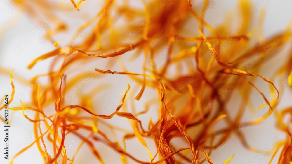 Poster numerous delicate saffron threads are laying on a white surface, creating a captivating display of v