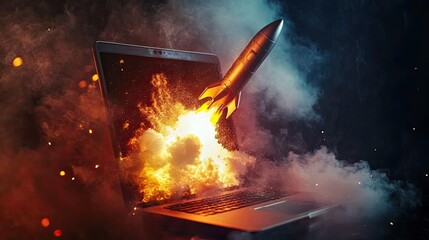 Laptop and spacecraft soaring from the screen startup idea
