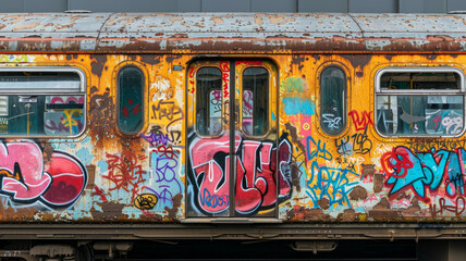 Obraz premium Graffitied subway train with colorful tags and vandalism.