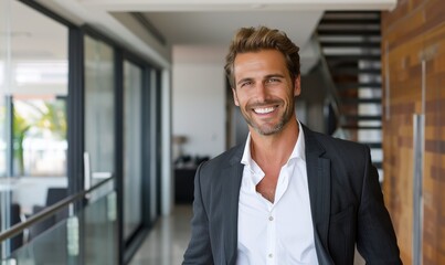 Fototapeta premium Confident Charismatic Businessman in Stylish Suit, Exuding Leadership and Charm in Modern Office Setting