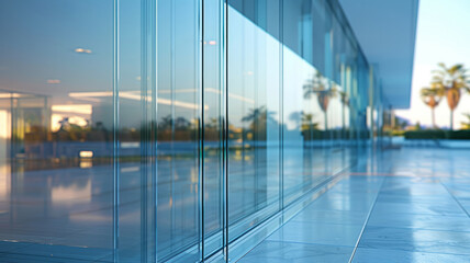 Obraz premium Modern glass building reflecting palm trees at sunset