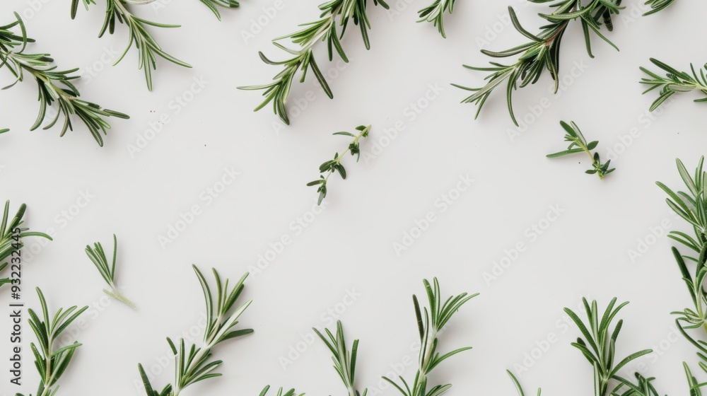 Poster rosemary and thyme sprigs forming a border on a white background with space for text in the center