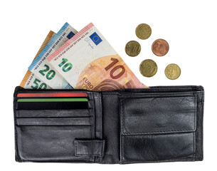Black wallet with Euro banknotes.
