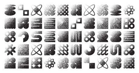 Brutalist geometric shapes, dotted objects. Stipple elements modern symbols. Simple primitive forms. Retro design, trendy contemporary minimalist style, y2k. Dot shading, drawing. Vector illustration