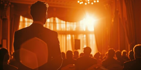 Speaker leads a business conference for journalists and aspiring entrepreneurs