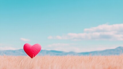 Fototapeta premium Heart-shaped stone on grassy hillside under a cloudy sky in a serene landscape