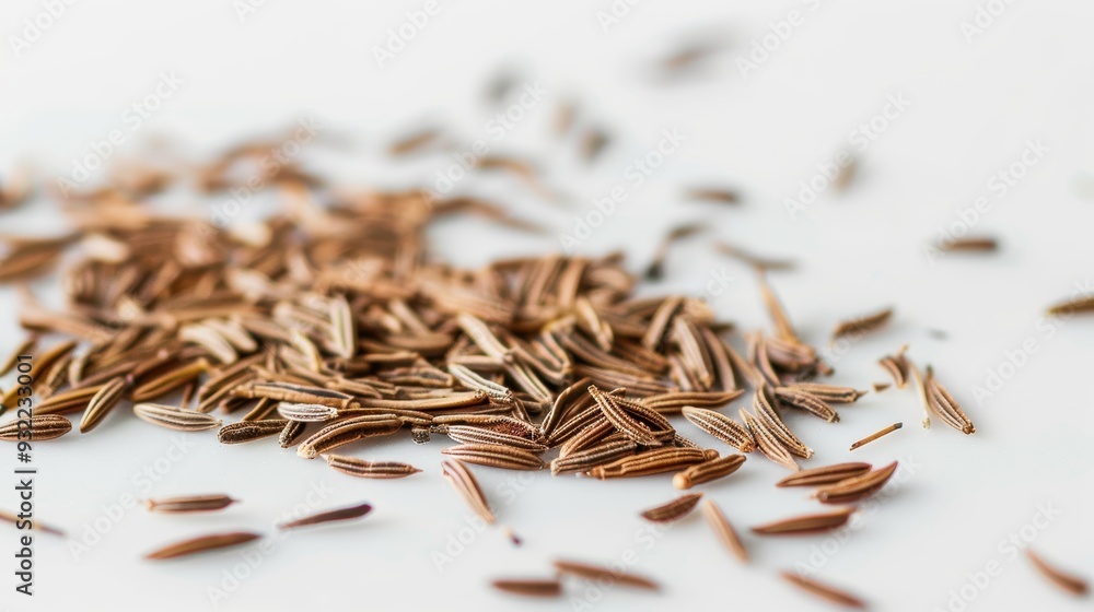 Poster cumin seeds scattered on a white surface, forming a textured pattern with their elongated shapes and