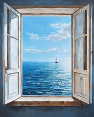   An open window reveals a distant sailboat on the ocean