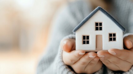 Person holds a wooden house model outdoors during daylight in a natural setting