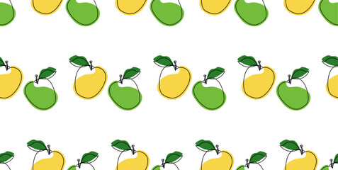Seamless pattern. Yellow and green apples on white background. For fabric, packaging, textile, cover design. Useful food. Vector graphics 