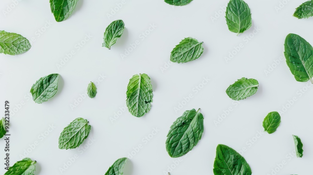 Poster minimal light blue background with a flat lay arrangement of fresh mint leaves creating a natural pa
