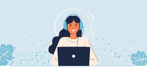 Businesswoman smiling and wearing headphones while participating in a virtual meeting on her laptop; woman viewing a webinar and actively engaging in an online course on her computer.