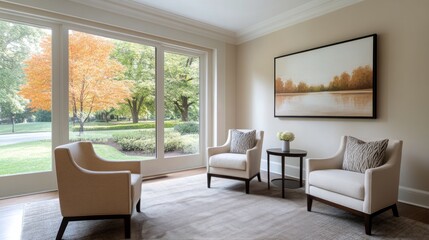 Fototapeta premium Modern living room with large windows overlooking a lush garden in bright afternoon light