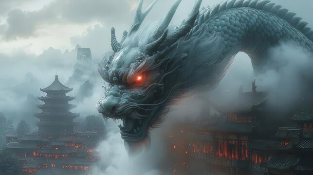 majestic chinese dragon statue emerging from mist intricately carved from jade with glowing ruby eyes set against a backdrop of ancient temple ruins