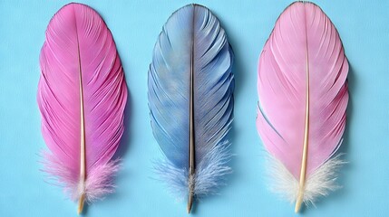 Fototapeta premium Three colorful feathers arranged in a row on a blue background with a wooden stick protruding from one of them