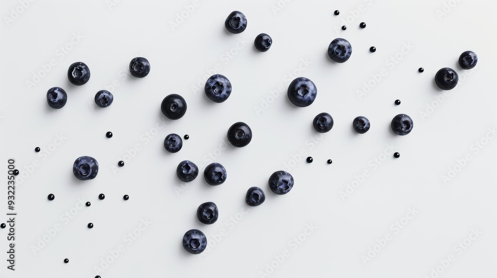 Poster fresh blueberries and drops of juice scattered on white background forming a texture, top view