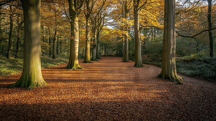 Naklejka premium A path with dense foliage beneath tall trees