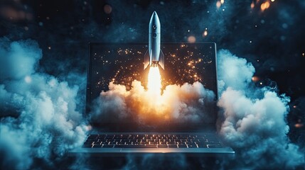 Computer and rocket flying from the screen startup concept