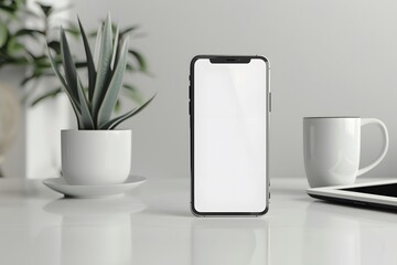 A mockup showcasing a white smartphone with a blank screen, resting on a white desk, allowing for easy insertion of digital app interfaces and mobile website designs 