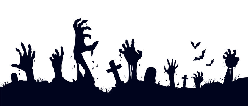 Silhouette Of Zombie Hands Rising Up On Graveyard
