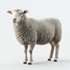 Obraz premium Full body studio portrait of a fluffy white sheep standing against a clean white background.