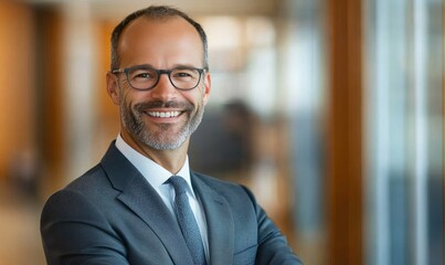 Fototapeta premium Confident Charismatic Businessman in Stylish Suit, Exuding Leadership and Charm in Modern Office Setting