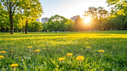   A field of grass with yellow dandelions in the foreground and the sun shining through the trees in the background