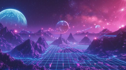 Retrofuturistic Landscape with Planets and a Grid