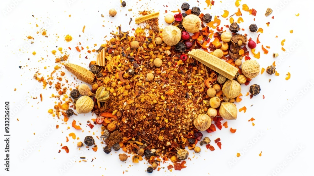 Poster assorted aromatic spices on white table create colorful food background, perfect for enhancing dishe