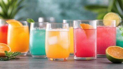 Colorful summer drinks arranged on a table at a garden party