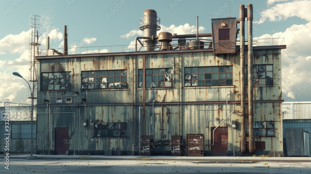 Poster a large industrial building with many windows