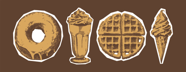 Donut, waffle, milkshake, ice cream. Contemporary Retro Surreal Collage Fruit Set. Trendy halftone clipart elements. Vintage dotted stickers.

