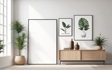 Mockup poster frame in modern interior with white wall and wooden console, home interior with plant, 3d rendering