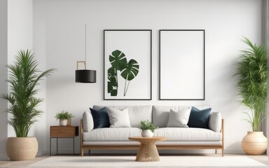 Mockup poster frame in modern interior with white wall and wooden console, home interior with plant, 3d rendering