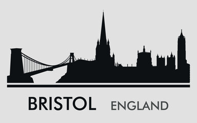 The city skyline. Bristol. England. Silhouettes of buildings. Vector on a gray background