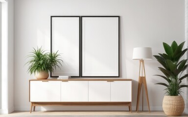 Mockup poster frame in modern interior with white wall and wooden console, home interior with plant, 3d rendering